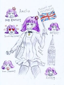  2026 amelia_(pathways) anger_emoji artist_name black_panties blush cameltoe character_name english_text flag heart heart-shaped_pupils holding holding_flag panties pathways_(game) purple_eyes purple_hair sketch symbol-shaped_pupils tongue tongue_out trassel_vardias underwear union_jack white_background  rating:Questionable score:2 user:tyciol