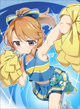  1girl blue_shoes blush cheerleader child closed_mouth female_focus idolmaster keven_(ewdx3754) looking_at_viewer pom_pom_(cheerleading) ponytail purple_eyes ribbon shoes simple_background socks solo solo_focus the_idolm@ster two-tone_ribbon two-tone_skirt two-tone_tank_top white_socks  rating:General score:2 user:R1C0