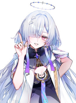  1girl arm_behind_back commentary dress earrings emoji eyes_visible_through_hair fingernails foxyreine grey_hair hair_ornament hair_over_one_eye halo hand_up highres index_finger_raised jacket jewelry long_hair looking_at_viewer mornye_(wuthering_waves) purple_dress red_eyes signature simple_background smile solo triangle_earrings upper_body white_background white_jacket wuthering_waves 