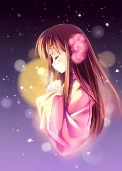  1girl 2011_tohoku_earthquake_and_tsunami axis_powers_hetalia blurry bokeh brown_hair closed_eyes depth_of_field female_focus flower hair_flower hair_ornament interlocked_fingers long_hair original own_hands_clasped own_hands_together profile rei_(rei's_room) solo taiwan_(hetalia) 