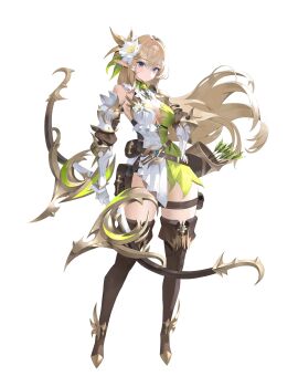  1girl 95_inner absurdres armor armpits arrow_(projectile) belt belt_pouch blonde_hair blue_eyes boots bow_(weapon) breasts brown_boots center_opening cleavage dress elf expressionless eyebrows_hidden_by_hair flower gauntlets gloves hair_between_eyes hair_flower hair_ornament hand_on_own_hip highres large_breasts long_hair looking_at_viewer original partially_fingerless_gloves pointy_ears pouch puffy_sleeves quiver short_dress shoulder_armor sleeveless sleeveless_dress solo standing thigh_belt thigh_boots thigh_strap thighs weapon white_background white_flower white_gloves 