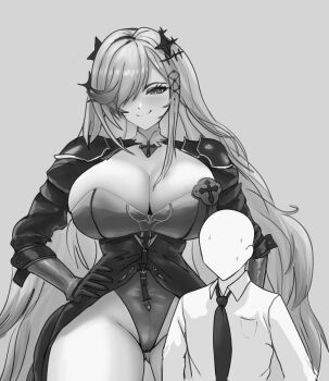  1boy 1girl absurdres azur_lane breast_pocket breasts cleavage collared_shirt commander_(azur_lane) commentary dunkerque_(azur_lane) dunkerque_(meta)_(azur_lane) english_commentary faceless faceless_male framed_breasts gloves gluteal_fold greyscale hair_ornament hair_over_one_eye highres huge_breasts leotard long_hair long_sleeves looking_at_another looking_down loose_necktie monochrome necktie pocket shirt size_difference smile starving_for_more sweatdrop very_long_hair 