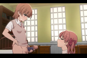 1futa 1girl bottomless bow breasts brown_eyes brown_hair brown_sweater_vest censored closed_eyes collared_shirt commentary english_commentary futa_with_female futanari hair_bow heavy_breathing highres indoors kneeling long_hair masturbation masturbation_with_panties medium_hair misaka_mikoto mosaic_censoring open_mouth paid_reward_available panties panties_on_penis penis red_bow school_emblem school_uniform shirai_kuroko shirt short_sleeves sleepy_frippy small_breasts standing summer_uniform sweat sweater_vest testicles toaru_kagaku_no_railgun toaru_majutsu_no_index tokiwadai_school_uniform twintails underwear white_shirt rating:Explicit score:190 user:danbooru