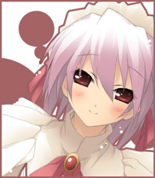 1girl blush brooch female_focus hair_between_eyes hair_ribbon jewelry kantoku kotonomiya_yuki looking_at_viewer lowres maid maid_headdress red_eyes ribbon solo suigetsu white_hair rating:Questionable score:0 user:danbooru