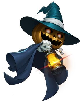  artist_request cloak commentary demon_(megami_tensei) english_commentary gloves hat holding holding_lantern jack-o'-lantern lantern no_humans official_art open_mouth persona persona_5 persona_5:_the_phantom_x pom_pom_(clothes) pyro_jack red_eyes shin_megami_tensei solo third-party_source transparent_background white_gloves witch_hat 