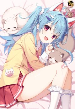 1girl absurdres ahoge animal_ears bandaid bandaid_on_knee bandaid_on_leg bell blue_hair buttons cat copyright_name double-breasted fake_animal_ears fang feet_out_of_frame fish_hair_ornament frilled_socks frills hair_ornament highres igarashi_haruna logo long_hair looking_at_viewer lying mahjong_soul miniskirt muririn official_art on_side one_side_up open_mouth pleated_skirt red_eyes red_skirt sailor_collar second-party_source shirt skin_fang skirt smile socks solo tail tail_bell tail_ornament watermark white_socks yellow_shirt rating:Sensitive score:10 user:danbooru