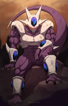  1boy abs absurdres alien armor artist_name black_nails breastplate collarbone colored_skin cooler_(dragon_ball) cooler_(fifth_form)_(dragon_ball) damaged dirty dragon_ball dragonball_z glowing glowing_eyes highres horang4628 looking_at_viewer mask mouth_mask muscular no_humans no_pupils on_rock outdoors purple_skin red_eyes rock shoulder_armor sitting solo spikes tail vambraces 