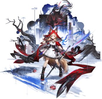  1girl animal_ear_fluff animal_ears arknights arknights:_endfield artist_request black_boots black_gloves blonde_hair boots cloak dagger dress ears_through_headwear fingerless_gloves gloves highres holding holding_dagger holding_knife holding_sword holding_weapon hood hood_up knee_boots knife long_hair looking_at_viewer official_art red_cloak rossi_(arknights) solo sword tail weapon white_dress wolf_ears wolf_girl wolf_tail yellow_eyes 