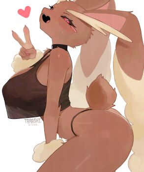  1girl :3 animal_ears artist_name ass black_bra black_choker black_panties black_sclera blush blush_stickers bra breasts choker colored_sclera commentary cowboy_shot dated fangs from_side furry furry_female gen_4_pokemon highres ibispaint_(medium) large_breasts lopunny nintendo open_mouth panties partial_humanization pink_nails pokemon rabbit_ears rabbit_girl rabbit_tail red_eyes simple_background slit_pupils solo sports_bra standing tail tarashi_(fugguard) thong underwear v white_background 