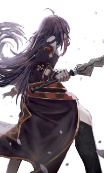  1girl absurdres ahoge boots cokei commentary fighting_stance fingerless_gloves floating_hair from_behind gloves highres holding holding_sword holding_weapon knee_boots long_hair long_sleeves obsidian_slasher pointy_ears purple_gloves purple_hair solo sword sword_art_online very_long_hair weapon white_background yuuki_(sao) 