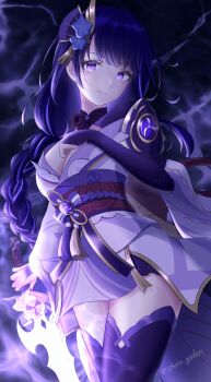  1girl absurdres armor artist_name back_bow blunt_bangs bow braid breasts bridal_gauntlets cleavage closed_mouth commentary english_commentary genshin_impact glowing glowing_sword glowing_weapon hair_ornament head_tilt highres holding holding_sword holding_weapon japanese_clothes katana kawasemi_(sphere_garden) kimono large_breasts lingerie long_braid looking_to_the_side mole mole_under_eye multicolored_hair musou_isshin_(genshin_impact) outdoors purple_background purple_eyes purple_hair purple_kimono purple_sky purple_thighhighs raiden_shogun red_sash sash shoulder_armor single_braid sky solo standing storm streaked_hair sword thighhighs underwear upper_body weapon wide_sleeves 