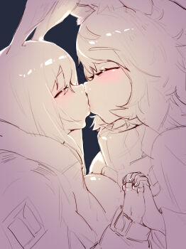 2girls absurdres amiya_(arknights) animal_ears arknights blush braid closed_eyes highres hitobashira_(1746164306) holding_hands interlocked_fingers jewelry kiss kiss_focus limited_palette long_hair multiple_girls pramanix_(arknights) rabbit_ears rabbit_girl ring short_hair size_difference sketch snow_leopard_ears snow_leopard_girl turtleneck yuri rating:Sensitive score:148 user:danbooru