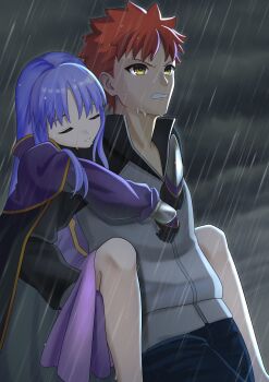  1boy 1girl aged_down blue_hair carrying carrying_over_shoulder carrying_person carrying_under_arm child commentary_request commission emiya_shirou fate/stay_night fate_(series) highres jacket lifting_person medea_(fate) medea_lily_(fate) piggyback rain red_hair sakura_kaoru_04 