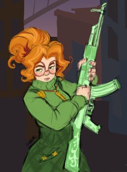  1girl absurdres ak-47 assault_rifle commentary deadlock_(game) english_commentary glasses green_eyes green_sweater gun highres holding holding_gun holding_weapon jewelry kalashnikov_rifle long_hair necklace orange_hair paige_(deadlock) reloading rifle round_eyewear solo sweater weapon whitearrowtu144 