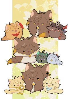  :3 :d ^_^ aether_(genshin_impact) ahoge animal animal_focus animal_with_hair animalization brown_hair brown_hat cat closed_eyes commentary_request flower-shaped_pupils ganyu_(genshin_impact) genshin_impact green_hair hat highres horns hu_tao_(genshin_impact) lumine_(genshin_impact) nasuka_gee necktie no_humans open_mouth pillarboxed red_eyes smile symbol-shaped_pupils tartaglia_(genshin_impact) white_necktie xiao_(genshin_impact) yellow_background yellow_eyes zhongli_(genshin_impact) 