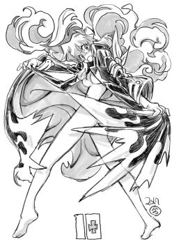  1girl ass barefoot borrowed_clothes breasts coat convenient_censoring cross-shaped_pupils dated feet flame_print highres imaishi_hiroyuki jacket long_hair long_sleeves medium_breasts monochrome naked_coat naked_jacket nia_teppelin nude official_art open_clothes open_jacket open_mouth simple_background solo symbol-shaped_pupils tengen_toppa_gurren_lagann underboob very_long_hair 