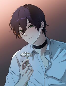  1boy black_choker black_hair chainsaw_man choker commentary_request flower genderswap genderswap_(ftm) gradient_background green_eyes highres holding holding_flower korean_commentary male_focus reze_(chainsaw_man) sawgak shirt solo upper_body white_shirt 