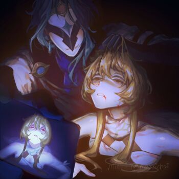  1boy 1girl beaten blonde_hair blood blue_hair cellphone commentary covered_eyes dirty dottore_(genshin_impact) english_commentary evil_grin evil_smile genshin_impact grabbing_another's_hair grin half-closed_eyes head_back highres holding holding_another's_hair lumine_(genshin_impact) lying mask maxxichai on_stomach parted_lips peril phone ryona smartphone smile syringe_earrings teeth twitter_username upper_body 