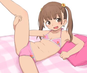  1girl :d bra brown_eyes brown_hair bubukka ear_piercing eyes_visible_through_hair flat_chest flower hair_flower hair_ornament laura_b leg_up loli long_hair looking_at_viewer navel open_mouth original panties piercing pillow pink_bra pink_panties smile solo spread_legs twintails underwear underwear_only  rating:Questionable score:135 user:danbooru