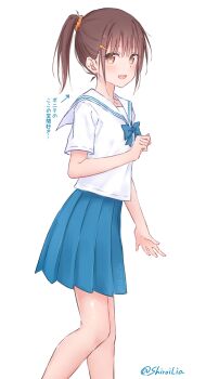  1girl absurdres arm_at_side arrow_(symbol) blue_bow blue_bowtie blue_skirt bow bowtie brown_eyes brown_hair choppy_bangs commentary_request cropped duplicate feet_out_of_frame from_side hair_ornament hair_scrunchie hand_up highres kutatsu_(kutatsu7) looking_at_viewer looking_to_the_side open_mouth orange_scrunchie original pleated_skirt ponytail sailor_collar school_uniform scrunchie serafuku shirt short_hair short_sleeves simple_background skirt smile solo summer_uniform translation_request turning_head twitter_username walking white_background white_sailor_collar white_shirt 