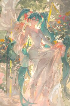  1girl absurdly_long_hair aqua_eyes aqua_hair aqua_nails bird boots breasts cleavage closed_mouth clothes_grab commentary dated detached_sleeves dress dress_grab fingernails flower garden hair_between_eyes hair_flower hair_ornament hair_ribbon hashtag-only_commentary hatsune_miku high_heel_boots high_heels highres light_smile long_fingernails long_hair medium_breasts on_swing outdoors pink_ribbon procreate_(medium) ribbon see-through_clothes see-through_dress see-through_silhouette signature single_bare_shoulder single_sleeve sitting solo swing twintails very_long_hair vocaloid white_boots white_dress wide_sleeves yellow_ribbon you_yeyou0904 