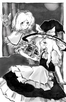  2girls alice_margatroid apron black_hat black_skirt black_vest blush book bow broom capelet closed_mouth faux_traditional_media frilled_hat frilled_headband frilled_ribbon frills grimoire_of_alice hair_bow hair_over_one_eye hat hat_bow highres holding holding_book holding_broom imperishable_night kirisame_marisa letterboxed light_frown long_hair looking_at_viewer monochrome multiple_girls outside_border puffy_short_sleeves puffy_sleeves ra9gaki_22ki ribbon shanghai_doll shirt short_hair short_sleeves sidelocks skirt touhou vest watercolor_background watercolor_effect white_apron white_bow white_capelet white_shirt wings 