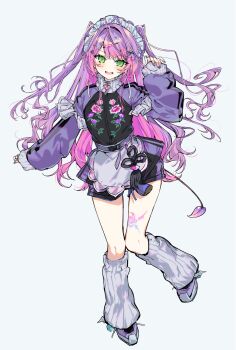  1girl :d aimi_(mimi_nii2) ankle_wings antenna_hair apron arm_at_side belt black_jacket black_shorts blush colored_inner_hair colored_tips diamond_hair_ornament double_vertical_stripe earrings fangs flat_chest floral_print floral_print_jacket full_body green_eyes grey_background grey_socks hair_between_eyes hair_intakes hair_ornament hand_up hashtag-only_commentary headdress heart heart_hair_ornament highres hololive jacket jewelry kneehighs knees_together_feet_apart leg_tattoo long_hair long_sleeves loose_socks maid maid_apron maid_headdress multicolored_hair nail_polish official_alternate_costume open_mouth pink_hair puffy_long_sleeves puffy_sleeves purple_belt purple_hair purple_nails purple_shoes purple_sleeves raglan_sleeves ribbed_socks shoes short_shorts shorts sidelocks simple_background skin_fangs sleeves_past_wrists smile socks solo standing standing_on_one_leg swept_bangs tattoo thigh_gap tokoyami_towa tokoyami_towa_(jersey_maid) tongue track_jacket tsurime turtleneck turtleneck_jacket two-tone_hair two_side_up unconventional_maid v-shaped_eyebrows very_long_hair virtual_youtuber waist_apron white_apron white_headdress wings x_hair_ornament 