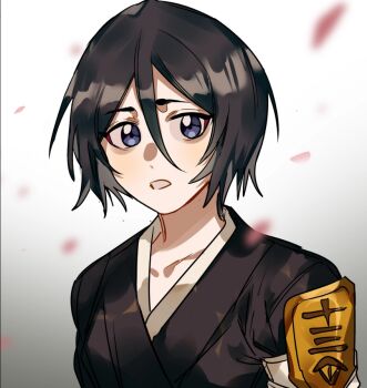  1girl armband black_hair black_kimono bleach blue_eyes falling_petals gradient_background hair_between_eyes hashtag-only_commentary japanese_clothes kimono kuchiki_rukia looking_at_viewer parted_lips petals shihakusho short_hair simple_background sketch solo upper_body xi_luo_an_ya 