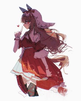  1girl animal_ears black_thighhighs bow breasts brown_hair closed_mouth coli_(coli_fonta) commentary_request detached_sleeves dress ear_covers ear_ribbon hair_between_eyes heart highres horse_ears horse_girl horse_tail long_hair red_dress red_eyes ribbon simple_background smile solo still_in_love_(scarlet_vow_raiment)_(umamusume) still_in_love_(umamusume) tail thighhighs umamusume veil white_veil 