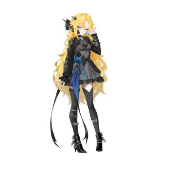  1girl absurdres arm_belt asymmetrical_sleeves blonde_hair blue_eyes boots bow breasts candy chest_jewel chest_ribbon commission commissioner_upload dress eyelashes food frilled_dress frills full_body gothic_lolita hair_bow hair_ornament hair_ribbon high_heel_boots high_heels highres holding holding_candy holding_food holding_lollipop ib_(kouri) lolita_fashion lollipop long_sleeves looking_at_viewer mary_(ib) mechanical_ears non-web_source petite rhan ribbon small_breasts smirk smug thighhighs thighs transparent_background wavy_hair 