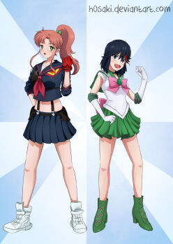  2girls bishoujo_senshi_sailor_moon bishoujo_senshi_sailor_moon_crystal black_hair blush brown_hair choker cosplay costume_switch crossover deviantart_username elbow_gloves gloves green_eyes green_footwear high_heels highres kill_la_kill kino_makoto koshimizu_ami long_hair magical_girl matoi_ryuuko medium_hair midriff multicolored_hair multiple_girls navel ponytail red_gloves red_hair sailor_jupiter sailor_senshi voice_actor_connection senketsu skirt standing two-tone_hair watermark web_address white_footwear white_gloves  rating:Sensitive score:10 user:danbooru