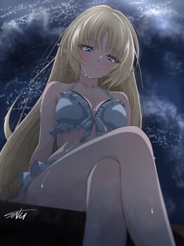  1girl bikini birthday blonde_hair blue_eyes blush elf happy_birthday highres kage_no_jitsuryokusha_ni_naritakute! long_hair looking_at_viewer night olivier_(kagejitsu) pointy_ears ronron2439 sitting swimsuit wet white_bikini  rating:Sensitive score:3 user:R1C0