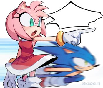  1boy 1girl amy_rose animal_ears animal_nose aqua_eyes artist_name blue_fur boots clenched_teeth commentary cowboy_shot dress english_commentary furry furry_female furry_male gloves green_eyes hairband hedgehog_boy hedgehog_girl highres kiioki11 motion_blur outstretched_arm pink_fur pink_hair pointing red_dress red_hairband red_shoes running shoes simple_background sonic_(series) sonic_the_hedgehog speech_bubble standing teeth template textless_version twitter_username v-shaped_eyebrows white_background white_gloves 