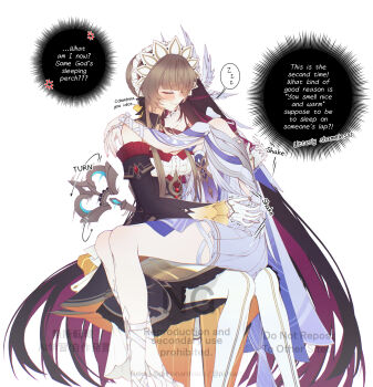  2girls anger_vein arm_around_back arm_around_waist arm_ribbon bare_shoulders black_collar black_hair black_sleeves blush bonnet bow braid breasts brown_hair bun_with_braided_base closed_eyes closed_mouth collar columbina_(genshin_impact) detached_collar detached_sleeves dress english_text eye_mask genshin_impact gloves hair_bow hair_bun hair_ornament head_on_another's_shoulder head_wings headdress highres hug leg_ribbon long_hair long_sidelocks long_sleeves mask multicolored_hair multiple_girls multiple_wings pantyhose purple_hair purple_streaks ribbon sandrone_(genshin_impact) see-through_clothes see-through_mask short_hair_with_long_locks sidelocks sieka_(piiroinardesco) simple_background sitting sitting_on_lap sitting_on_person sleeping sleeping_on_person spinning spoken_zzz streaked_hair two-tone_hair very_long_hair white_background white_dress white_headdress white_mask white_wings winding_key wing_hair_ornament wings wrist_bow x-shaped_eyewear yuri zzz 