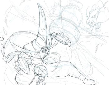  battle closed_eyes cowering eyelashes gen_5_pokemon hammer hands_on_own_head hashtag-only_commentary holding holding_hammer kingambit lineart long_hair monochrome nintendo open_mouth pawniard pokemon pokemon_(creature) pokemon_focus sketch smile tinkaton white_background wizter27 