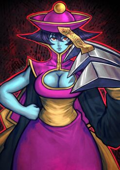  1girl absurdres artist_name blue_skin breasts center_opening china_dress chinese_clothes cleavage cleavage_cutout clothing_cutout colored_skin commentary darkstalkers dress hand_on_own_hip hat highres hsien-ko jiangshi large_breasts looking_at_viewer masan_(masanart) ofuda ofuda_on_head purple_hair qingdai_guanmao red_eyes solo 