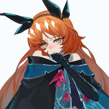  1girl alternate_eye_color arknights black_bow black_bowtie black_capelet black_gloves bow bowtie capelet chinese_commentary commentary_request e.g.o_(project_moon) freckles gloves hand_up highres ishmael_(project_moon) jianbing_zhizhu limbus_company long_hair looking_at_viewer off-shoulder_capelet orange_eyes orange_hair project_moon rope sidelocks simple_background solo tidal_elegy_(e.g.o) very_long_hair white_background 