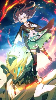  1girl 1other absurdres black_hairband black_jacket black_thighhighs bow breasts bridal_gauntlets closed_mouth commentary_request dress fire firefly_(honkai:_star_rail) floating_hair full_body green_dress hair_between_eyes hairband hand_on_own_chest high_heels highres honkai:_star_rail honkai_(series) jacket kinaco_4738 long_hair long_sleeves looking_at_viewer neckerchief night night_sky orange_neckerchief outdoors pumps sam_(honkai:_star_rail) sky star_(sky) starry_sky thighhighs white_bow white_dress white_hair 