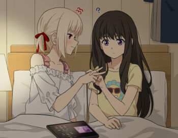  2girls ? black_hair blonde_hair blush cho_kaguya-hime! closed_mouth commentary hair_ribbon inoue_takina interlocked_fingers laofuzi_dai_bansho long_hair low_twintails lycoris_recoil multiple_girls nishikigi_chisato off-shoulder_shirt off_shoulder pajamas purple_eyes red_eyes red_ribbon ribbon shirt short_sleeves short_twintails twintails white_shirt yellow_shirt yuri 