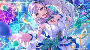  1girl :d absurdres aerial_fireworks aqua_nails arm_cuffs arm_strap balloon blue_bow blue_bowtie blue_eyes bow bowtie braid braided_bangs breasts bright_pupils cleavage commentary_request concert confetti copyright_notice detached_collar dress feather_hair_ornament feathers fireworks frilled_cuffs green_bow green_bowtie grey_hair hair_ornament hand_on_own_chest headset highres hololive hololive_dreams hololive_indonesia idol_clothes large_breasts long_hair looking_at_viewer nail_polish night official_alternate_costume official_art open_mouth outdoors pavolia_reine side_ponytail smile solo swept_bangs teeth upper_teeth_only very_long_hair vest virtual_youtuber wavy_hair white_dress white_pupils white_vest wrist_cuffs 