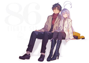  1boy 1girl 86_-eightysix- ahoge alternate_costume antenna_hair black_hair black_shoes boots brown_hair copyright_name couple english_text fido_(86) grey_eyes grey_hair hair_between_eyes hand_on_another's_thigh hand_on_another's_waist high_heel_boots high_heels jacket lens_eye long_hair red_eyes red_scarf robot scarf shinei_nouzen shirabi shoes short_hair sitting smile vladilena_millize 