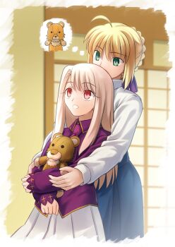  2girls ahoge artoria_pendragon_(fate) blonde_hair blue_skirt collared_shirt commentary_request fate/hollow_ataraxia fate/stay_night fate_(series) green_eyes hair_between_eyes hair_ribbon highres hug hug_from_behind illyasviel_von_einzbern long_hair long_sleeves multiple_girls parody pleated_skirt purple_ribbon purple_shirt red_eyes revision ribbon saber_(fate) shirt shoori_(migiha) short_hair skirt straight_hair stuffed_animal stuffed_toy style_parody takeuchi_takashi_(style) white_shirt white_skirt wing_collar 