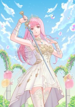  1girl armor balloon blue_gemstone blue_sky breastplate brown_eyes bubble chest_jewel cloud coattails collar commentary cowboy_shot day detached_collar dress english_commentary expressionless eyelashes feather-trimmed_sleeves fingernails flower frilled_arm_warmers garden gem gold_tiara hair_down highres holding holding_sword holding_weapon infinity_nikki lace_collar light_particles long_hair long_sidelocks looking_at_viewer melody_bloom_(infinity_nikki) nao_(sprinkanao) nikki_(nikki) nikki_(series) outdoors parted_lips pink_flower pink_hair pink_rose pleated_dress rose short_sleeves sidelocks signature sky solo sparkle standing striped_clothes striped_thighhighs swept_bangs sword thighhighs vertical-striped_clothes vertical-striped_thighhighs very_long_hair watermark wavy_hair weapon white_arm_warmers white_collar white_dress white_thighhighs 