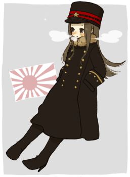  1girl black_boots black_coat black_hat blush boots border breath brown_eyes brown_hair buttons coat commentary_request double-breasted fur-trimmed_coat fur_trim grey_background hands_in_pockets hat hat_ornament high_heel_boots high_heels imperial_japanese_army kepi knee_boots long_coat long_hair long_sleeves looking_ahead military_hat military_uniform open_mouth original rising_sun_flag simple_background solo star_(symbol) star_hat_ornament sunburst white_border yukke 