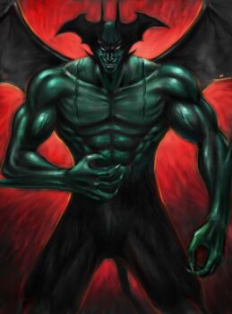  1boy abs black_fur body_fur claws colored_skin commentary demon_boy demon_tail demon_wings devilman devilman_(character) evil_grin evil_smile facing_viewer fingernails green_skin grin head_wings highres muscular muscular_male no_humans no_pupils red_background scar scar_on_chest sharp_fingernails sharp_teeth smile solo tail teeth white_eyes wings yusao 