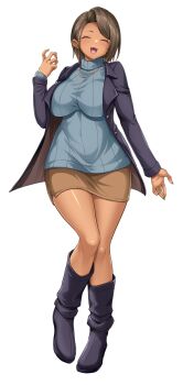  1girl :d amelia_(magisphere) blue_sweater blush boots breasts brown_hair brown_skirt calpish casual closed_eyes dark-skinned_female dark_skin earrings full_body game_cg highres jacket jewelry knee_boots large_breasts large_variant_set long_sleeves mahou_reiki_magisphere mature_female miniskirt necklace non-web_source official_art open_clothes open_mouth ribbed_sweater ring self-datamine short_hair simple_background skirt smile solo standing sweater tachi-e transparent_background turtleneck turtleneck_sweater variant_set white_background 