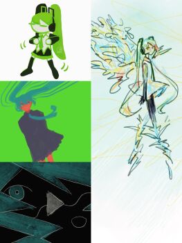  1girl abstract anmo black_boots black_skirt boots closed_eyes closed_mouth collage commentary dancing dress dutch_angle expressionless full_body green_eyes green_hair green_necktie green_theme hatsune_miku headphones highres long_hair looking_at_viewer looking_to_the_side microphone multiple_views necktie no_mouth shirt skirt standing thigh_boots twintails vocaloid walking 