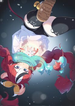  1girl animal_ear_fluff animal_ear_legwear animal_ears black_background black_hair black_shorts black_thighhighs blue_eyes blue_scarf boots bow braid cafelittle chestnut_mouth clothes_writing commentary dice glowing hakos_baelz highres hololive long_hair mouse_ears mouse_tail mr._squeaks_(hakos_baelz) multicolored_hair scarf shoes shorts skindentation snow snowflakes strawberry_baelz sweater tail tail_bow tail_ornament thick_thighs thighhighs thighs twin_braids upside-down very_long_hair white_hair white_sweater yellow_bow 