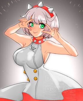  1girl :> armpits arms_up breasts closed_mouth collar commentary_request cowboy_shot double_v dress elphelt_valentine giyutasuto green_eyes grey_background grey_hair guilty_gear guilty_gear_strive hairband highres large_breasts looking_at_viewer pink_collar pink_hairband short_hair sideboob smile solo spiked_collar spiked_hairband spikes v v_over_eye watermark white_dress 