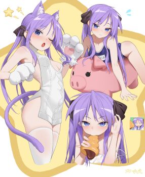  1girl absurdres animal_ear_fluff animal_ears animal_hands black_bow blue_eyes blue_one-piece_swimsuit blush bow breasts cat_ears cat_tail commentary_request eating fangfangtu flying_sweatdrops food gloves hair_bow halterneck highres hiiragi_kagami holding holding_food kemonomimi_mode loli long_hair looking_at_viewer lucky_star multiple_views name_tag one-piece_swimsuit one_eye_closed paw_gloves purple_hair reference_inset scene_reference school_swimsuit small_breasts spaghetti_strap star_(symbol) strap_slip sweater swimsuit tail thighhighs turtleneck turtleneck_sweater very_long_hair virgin_killer_sweater white_thighhighs 